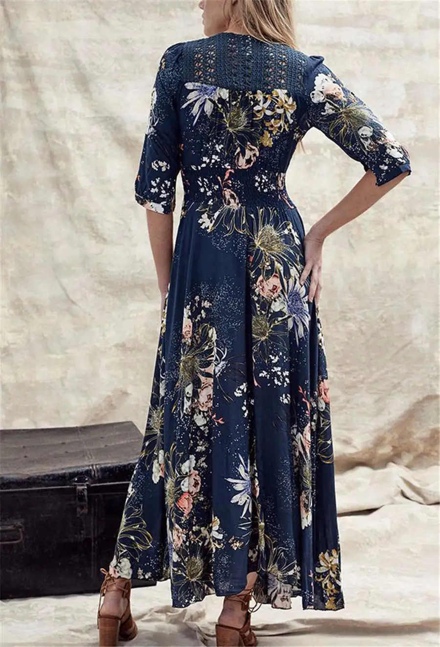 Gladiolus 2019 Spring Summer Dress Women 34 Sleeve V Neck Sexy Floral Print Bohemian Women Maxi Dress Long Beach Ladies Dresses (76)