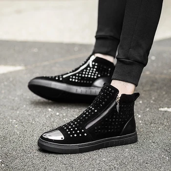 

New Fashion High-top Zipper Men's Shoes Striped Tide Flats Spring Autumn Flock Quality Casual Denim Canvas Shoes Footwear Black