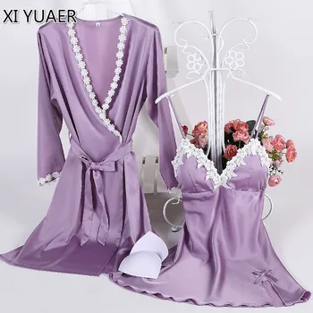 

XI YUAER Robe Gown Set Sexy Women Nightwear 2 pieces/set Silk Bathrobe Home Dress Sleepwear Female Removable Chest pad 50116