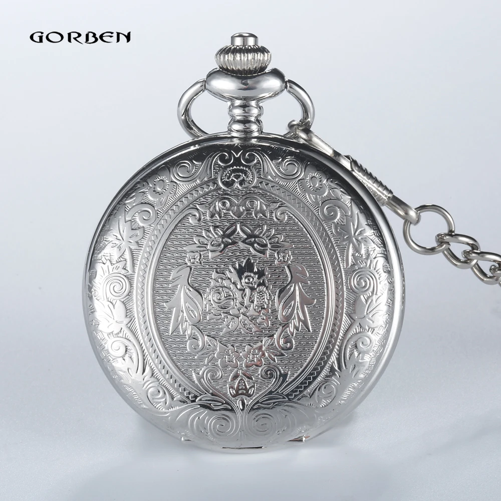 

Vintage 2 Sides Carving Roman numerals Silver Plated Pocket Watch Mens GORBEN Analog Quartz Fob Waist Chain Women Luxury Watch