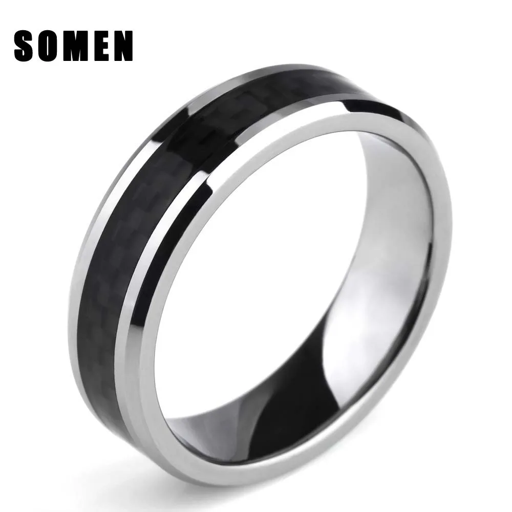 

8mm Black Carbon Fiber Inlay Tungsten Metal Rings Comfort Fit Wedding Bands