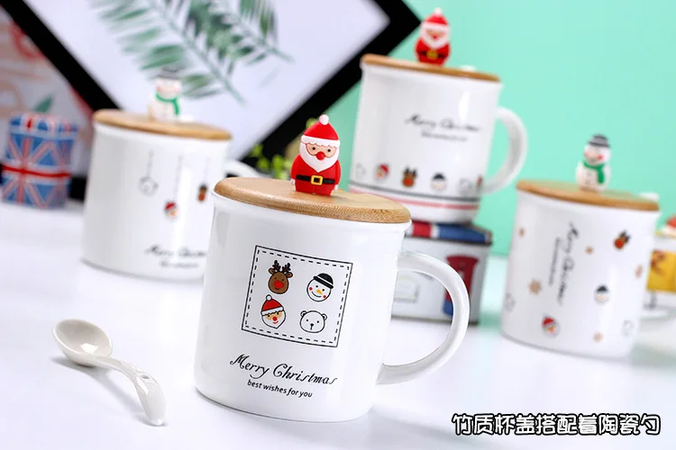 Мультяшная Рождественская керамическая кофейная кружка с ложкой и 3D крышкой фарфоровые чашки и кружки Посуда для напитков