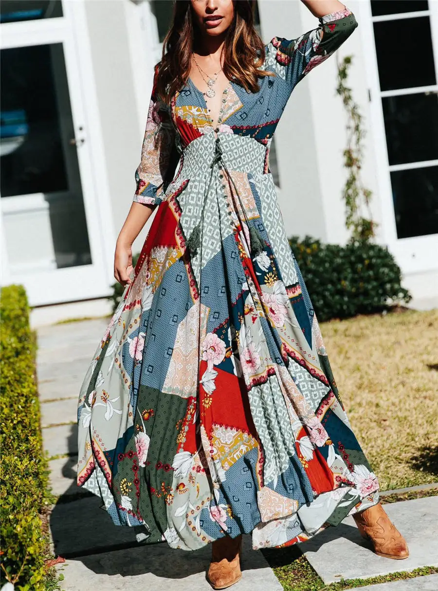 Gladiolus 2019 Spring Summer Dress Women 34 Sleeve V Neck Sexy Floral Print Bohemian Women Maxi Dress Long Beach Ladies Dresses (79)