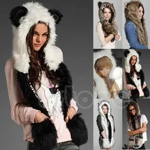 Cagoule en fausse fourrure pour l'hiver, chapeau en peluche avec écharpe et pattes, chaud, dessin animé, Panda, loup
