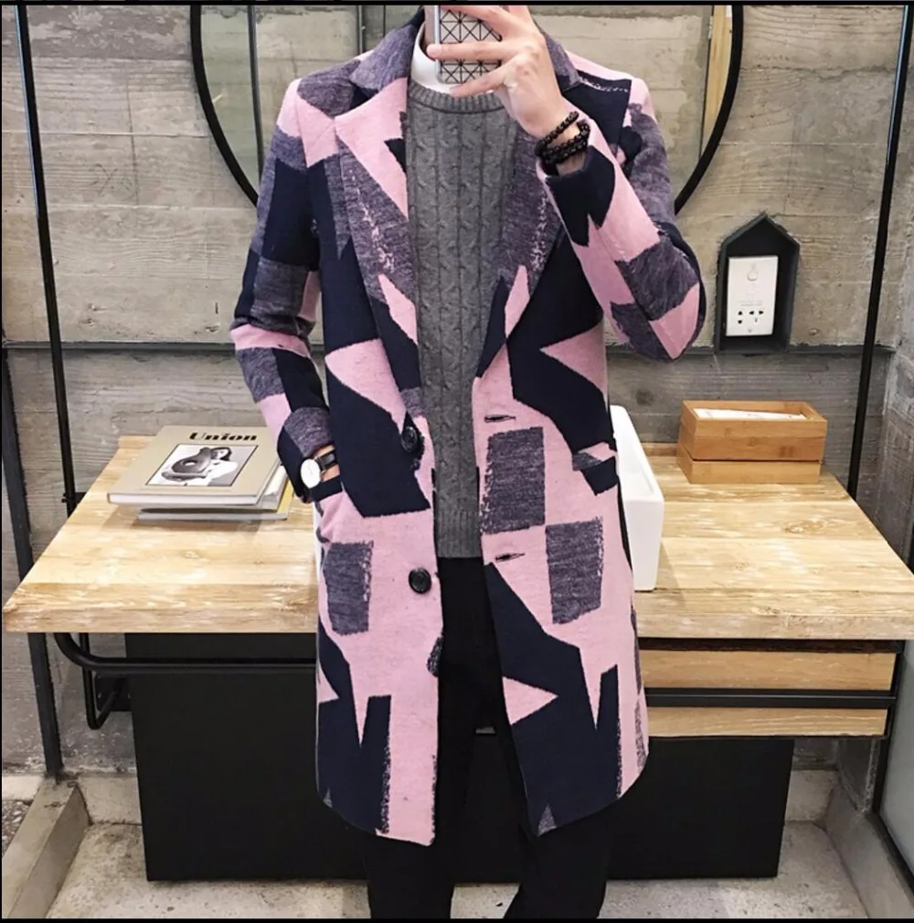 Мужской шерстяной Тренч длинный тонкий с принтом Корейская версия|men wool coat|woolen