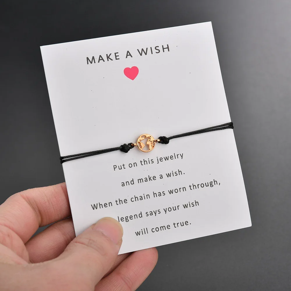 

Charmsmic World Map Charm Bracelets For Women Lady Adjustable Wax Rope Bracelets Make A Wish Greeting Card Jewelry Wholesale
