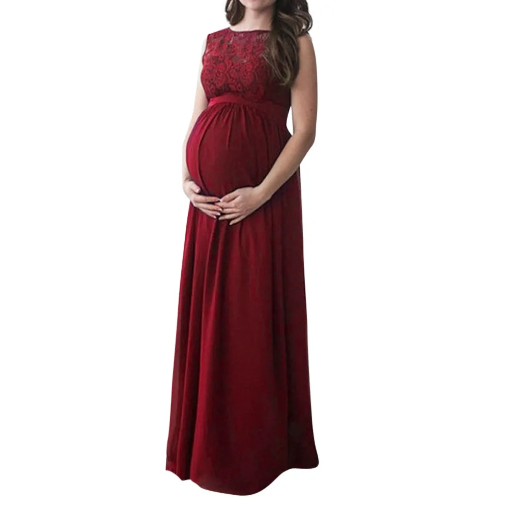 Новинка, кружевное длинное платье для беременных женщин, с круглым вырезом, для вечеринки, длинное платье макси для беременных, для фотосессии - Цвет: Бордовый