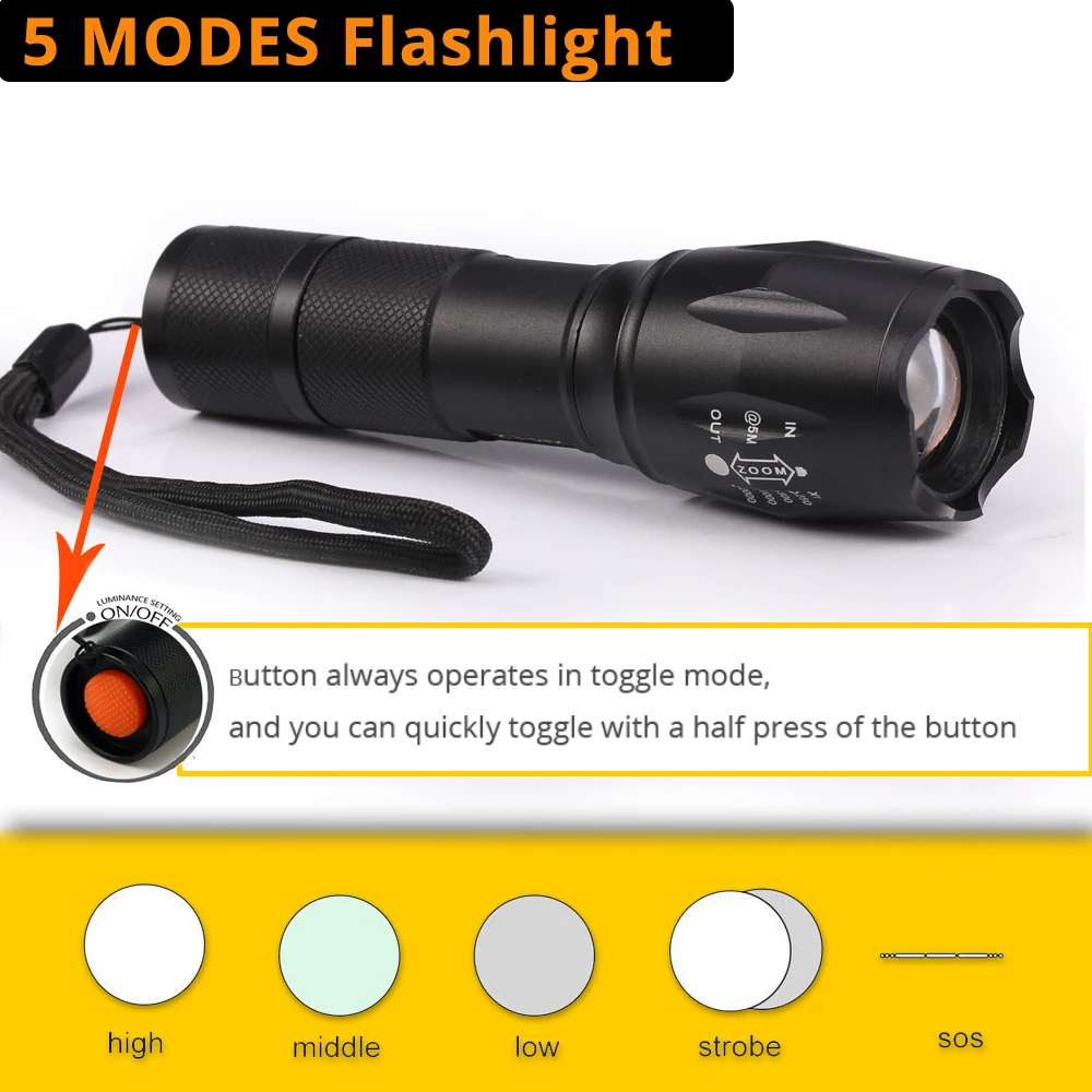 LED Flashlight Tactical Flash light 10000 Lumens T6/L2//V6 Zoomable 5 Modes Lanterna LED Torch Flashlights For Camping By 18650
