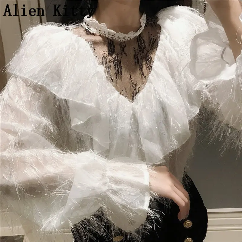 

Alien Kitty 2019 Autumn Vintage Patchwork Fashion Casual Tassel Lace Shirts Women Slim Loose Shirt Female Workwear Shirt Top