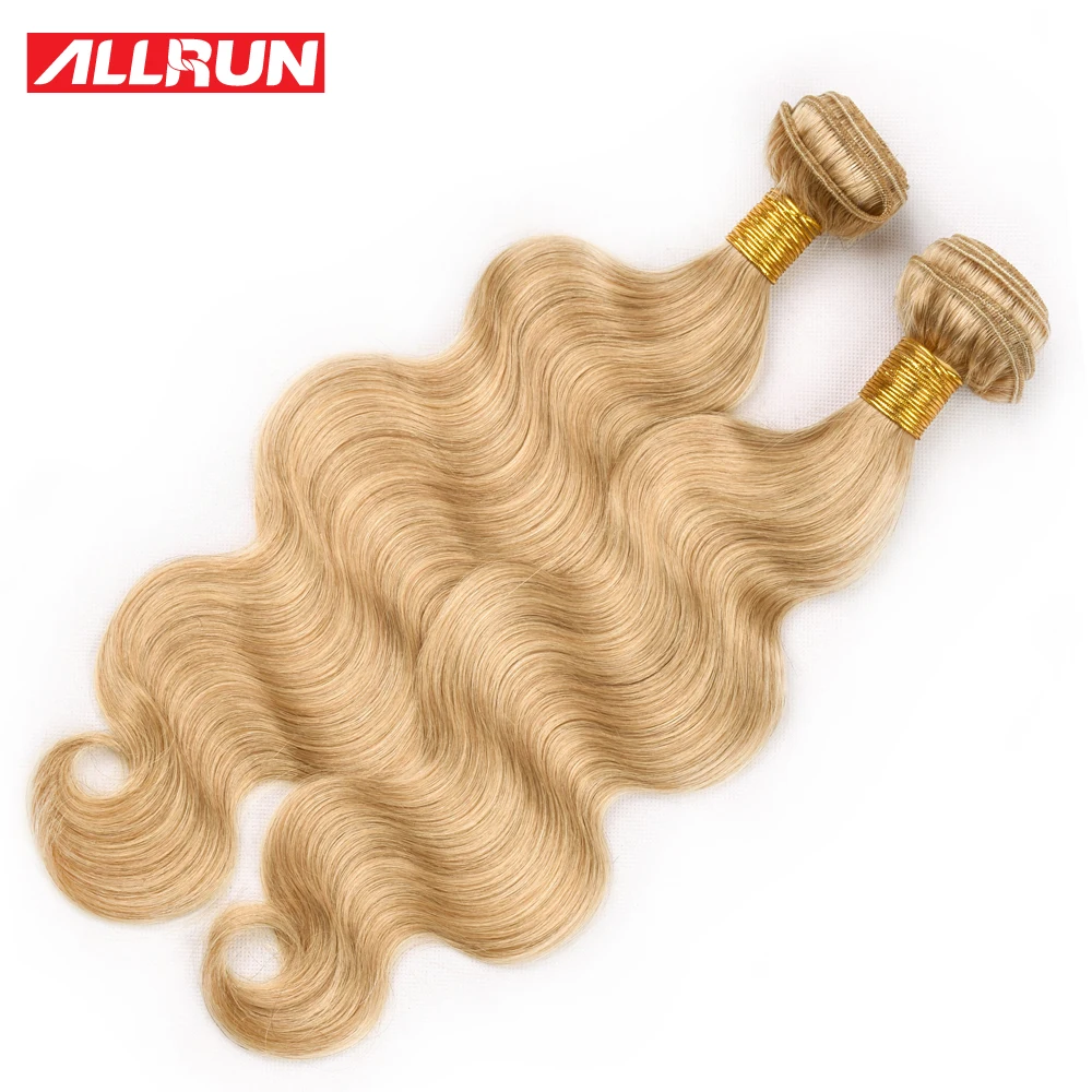Allrun Pre-Colored Pure Golen #27 Brazilian Human Hair Bundles With Closure Body Wave Hair Bundles With Closure 4*4 Remy Weave