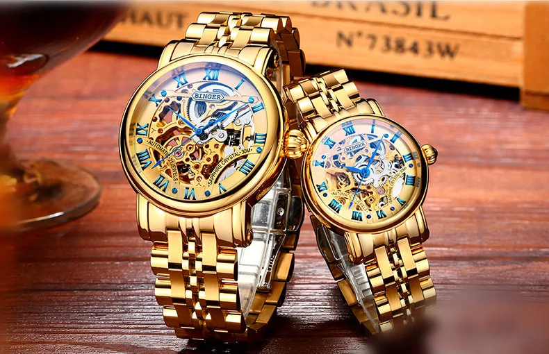 Ouro Auto Winding Skeleton Romanos Amantes de