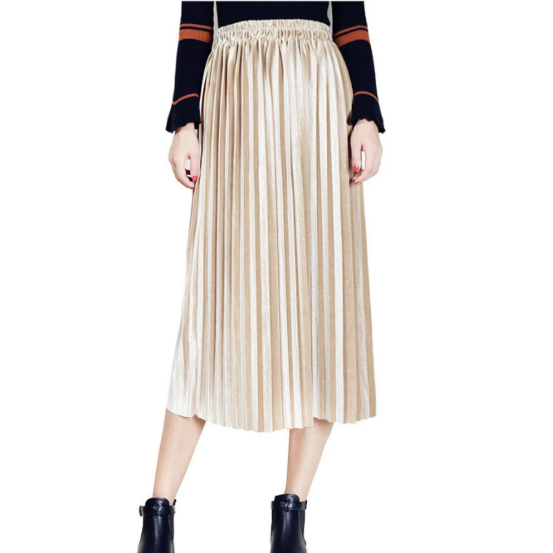 

Autumn Long Pleated Velvet Skirts Elastic Waist Solid Pleuche Mid-calf Long A-line Skirts Pink Beige Blue Green
