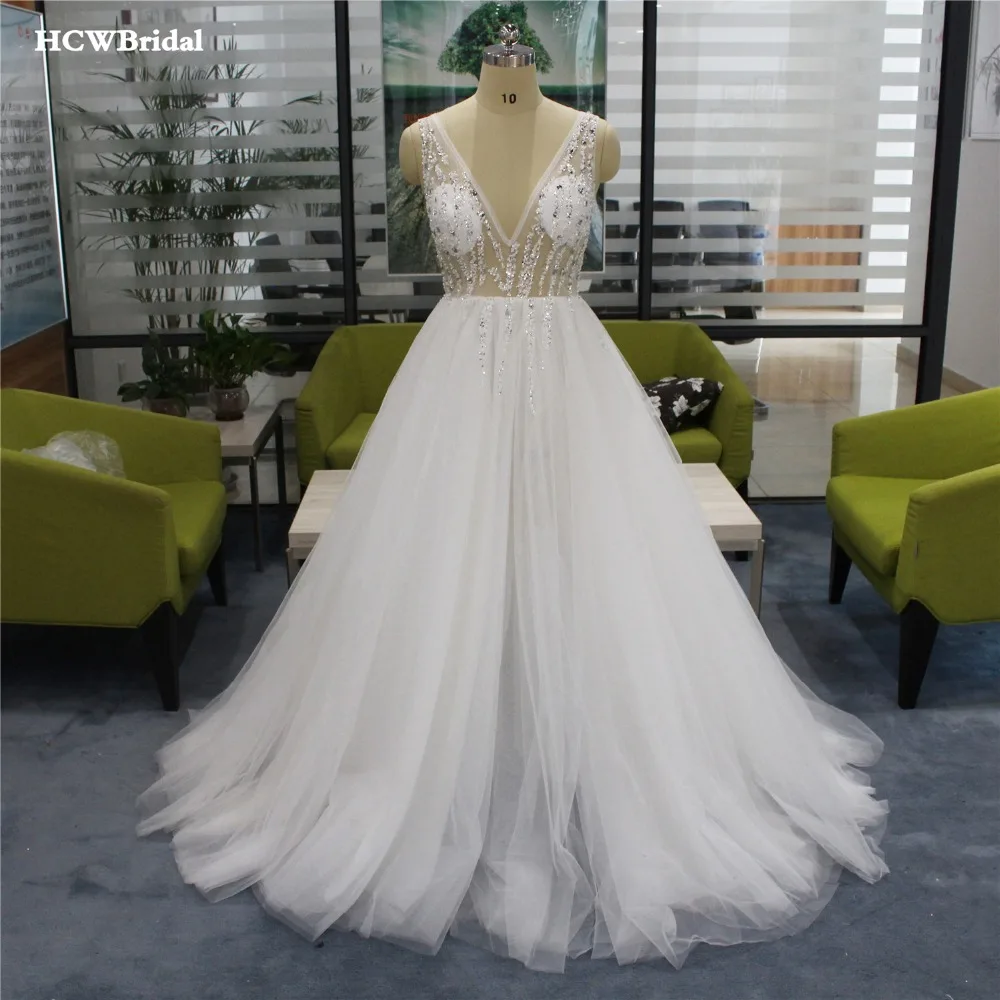 

Custom Made Illusion Beading Tulle Evening Dress Deep V Neck A Line Backless White Long Prom Gowns 2019 See Through Party Dress