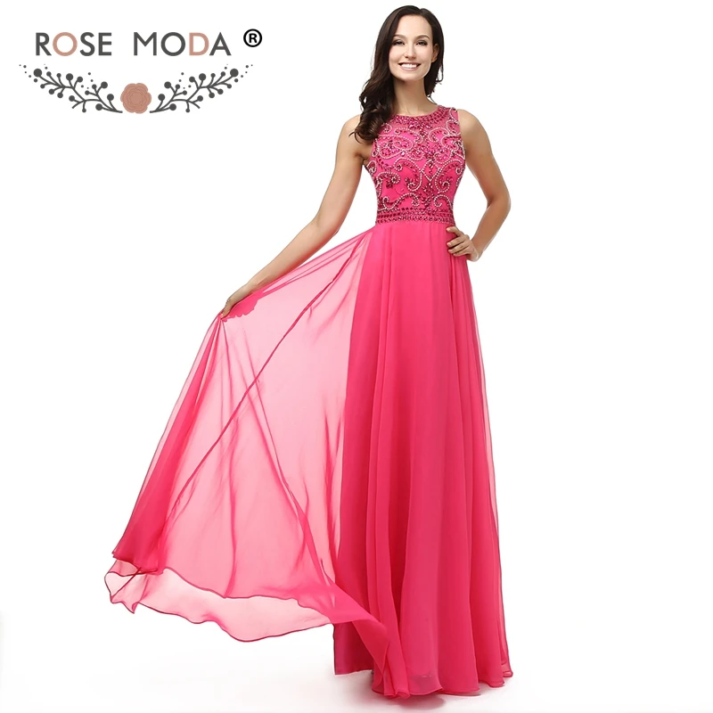 Rose Moda Crystal Beaded Hot Pink Evening Dress High Neck Sleeveless