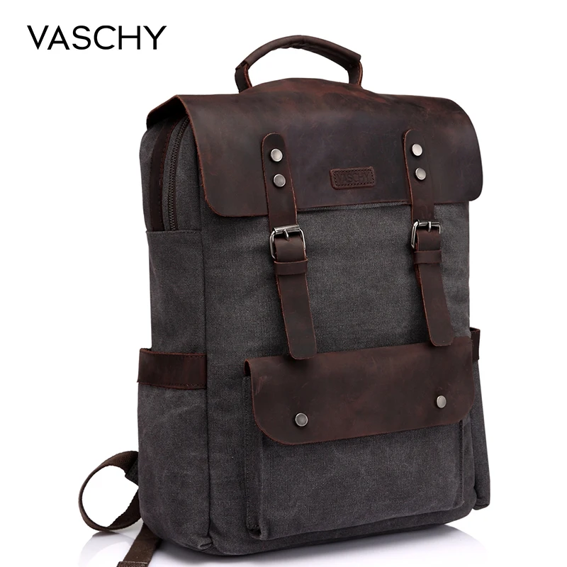 VASCHY кожаный рюкзак для ноутбука, повседневный парусиновый рюкзак для путешествий и отдыха, школьный рюкзак с 15,6 дюймовым отделением для ноутбука