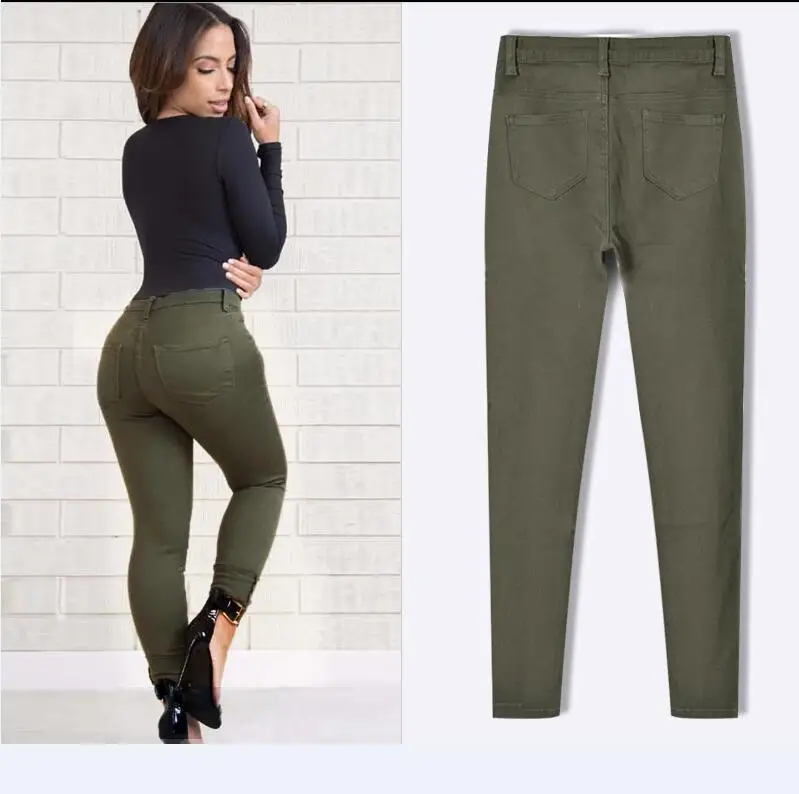 Горячие Для женщин обтягивающие джинсы Штаны Винтаж Эми зеленый Высокая Талия Тонкий стрейч колено отверстие нищий Джинсы для женщин