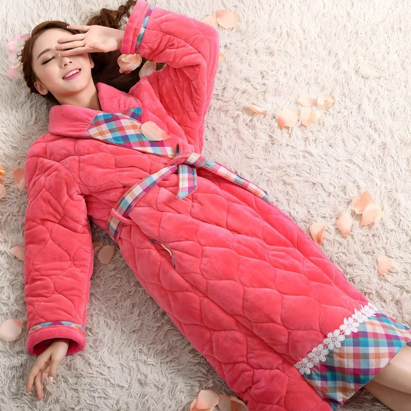 Women Winter Sleeping Robes Night Wear Clothes Women Pajamas Adjustable Waist Flannel Thick Warm Pajamas Winter Padded Robe JW335 (2)