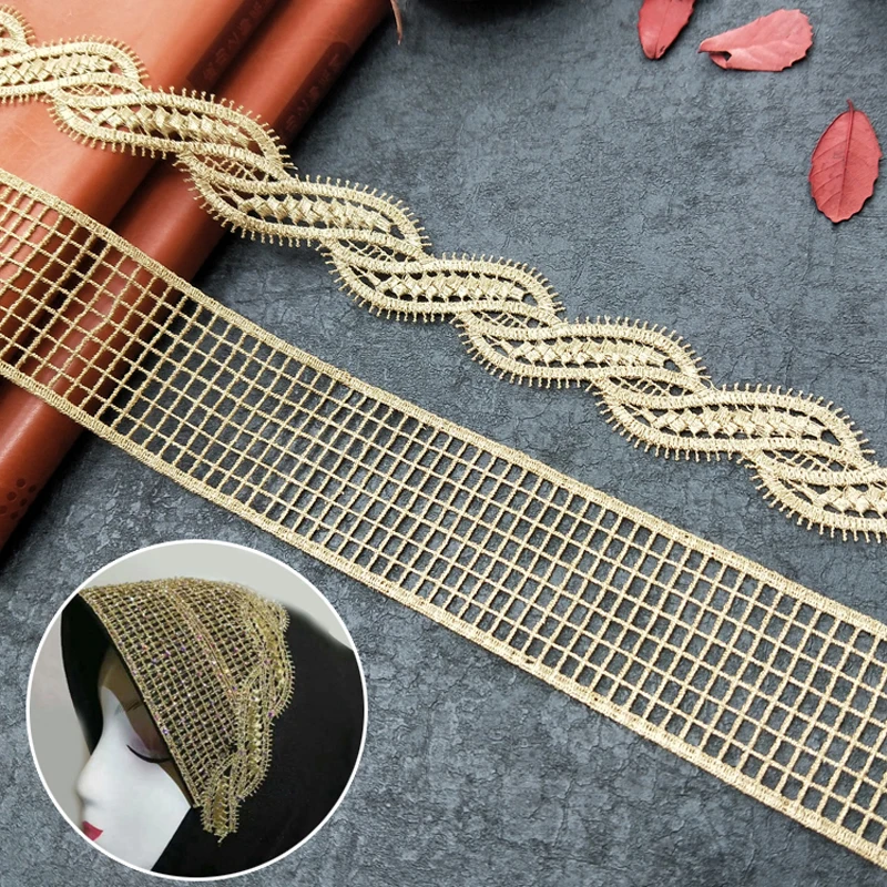QRTRIM Золотая Водорастворимая вышитая кружевная ткань мусульманский головной