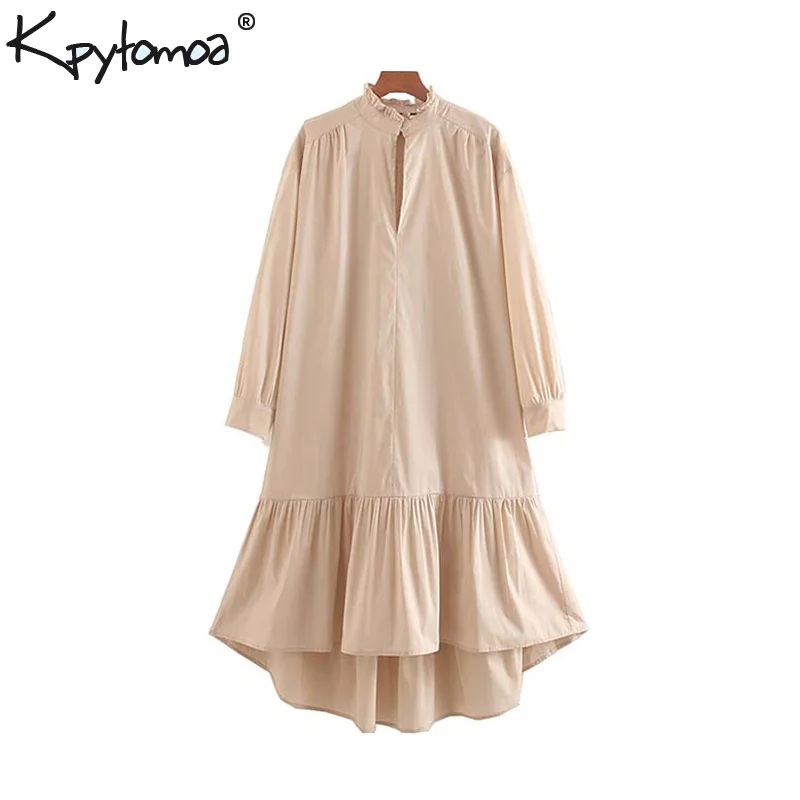 

Vintage Stylish Ruffles Solid Midi Dress Women 2019 Fashion Ruffled Collar Long Sleeve Ladies Dresses Casual Vestidos Mujer