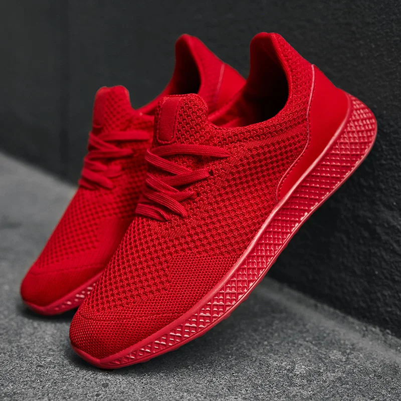 

Hemmyi Mens Casual Shoes Breathable Mesh Sneakers Red Black Shoe Lace-up Rubber Sole Zapatos De Hombre Plus Size 39-47