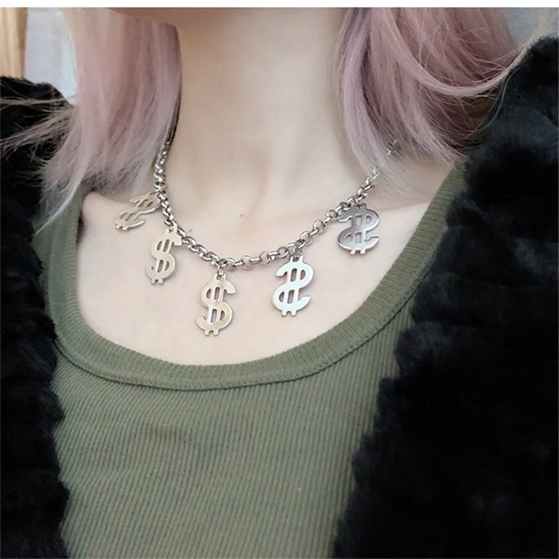 

Exaggerated Harajuku dollar necklace tide people hip-hop symbol punk clavicle chain tide cool titanium steel Boy girl necklace