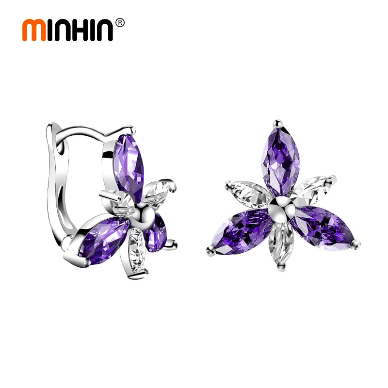 

MINHIN Luxury Cubic Zirconia Stud Earrings Women Charm Flower Pierced Earrings Silver Plated Crystal Cuff Earring