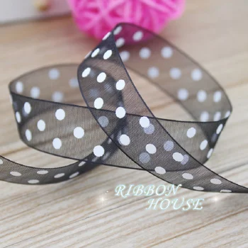 

(10 yards/lot) Black printed organza colored dots ribbon gift wrap decoration ribbons