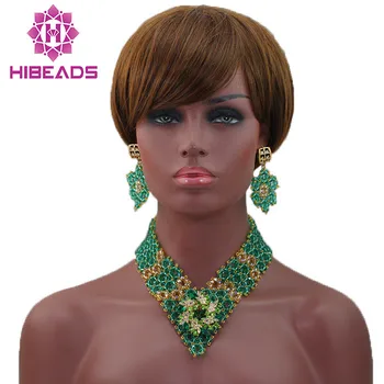 

Handmade Fancy Crystal V-Neck Necklace Bridal African Beads Jewelry Set New Designer Nigerian Accessories Free shipping ALJ839