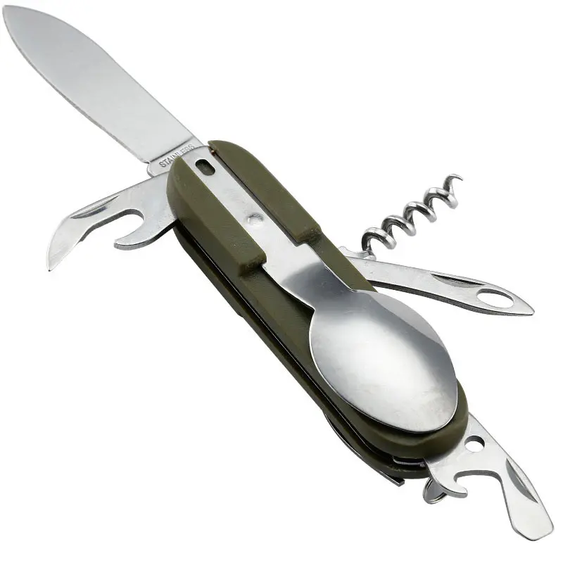 Outdoor Camping Folding Tableware Set Multipurpose Handle Fork Knife Spoon Bottle Opener Canvas Carry Pouch Picnic Cutlery Sets (12)