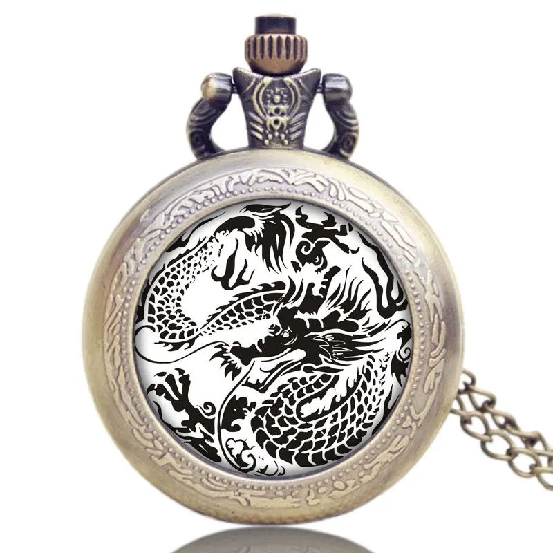 Китайский дракон тема Стекло купол случае Дизайн Ретро qurtaz карманные часы с цепочкой Цепочки и ожерелья подарок для Для мужчин женщина