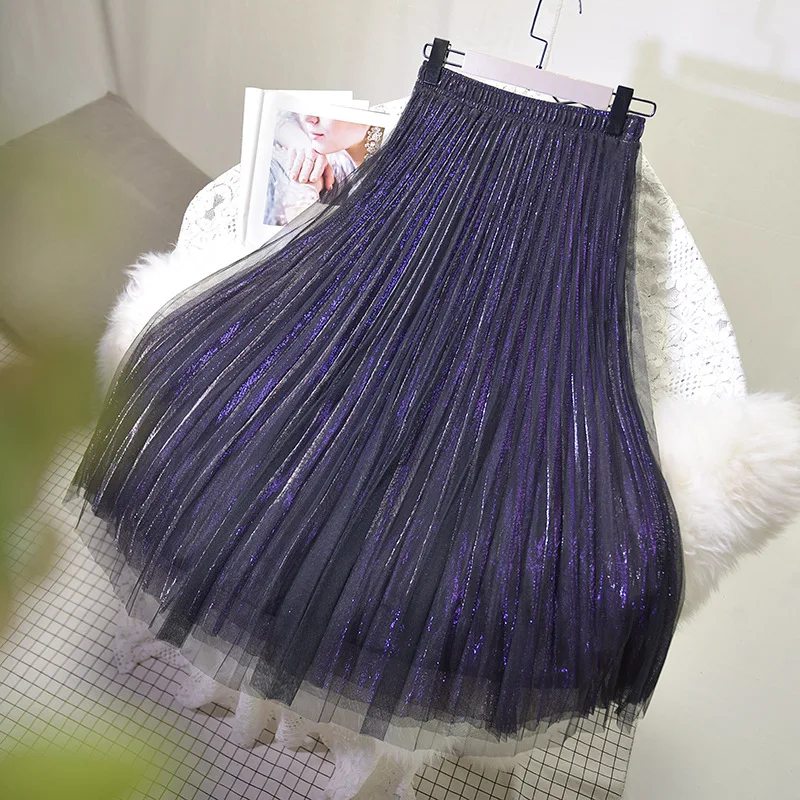 Sherhure модная Высококачественная Женская длинная Плиссированная юбка с высокой талией, трехслойная Женская сетчатая юбка, Женская замшевая юбка
