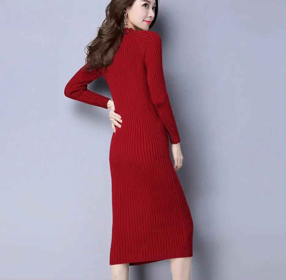 Осенне-зимнее теплое облегающее трикотажное платье-свитер с высоким воротником и длинными рукавами - Цвет: wine