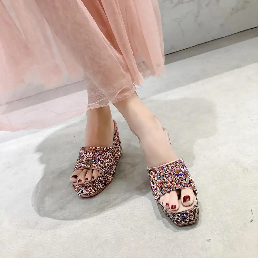 

platform rhinestone Bling Super High Peep Toe Wedges footwear fenty beauty slippers womans modis Sexy Elegant soft PU leather
