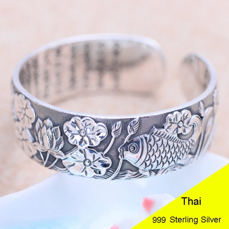 

Genuine 999 Sterling Silver Fish Between Lotus Leaf Open Bangle 2cm Width Women Thai Silver Fine Jewelry Gift CH054291