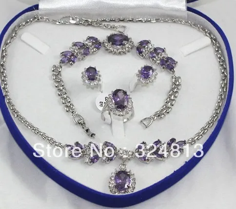 

Lovely Sets Purple amethyst pendant necklace bracelet silver Stud earring Ring #2222