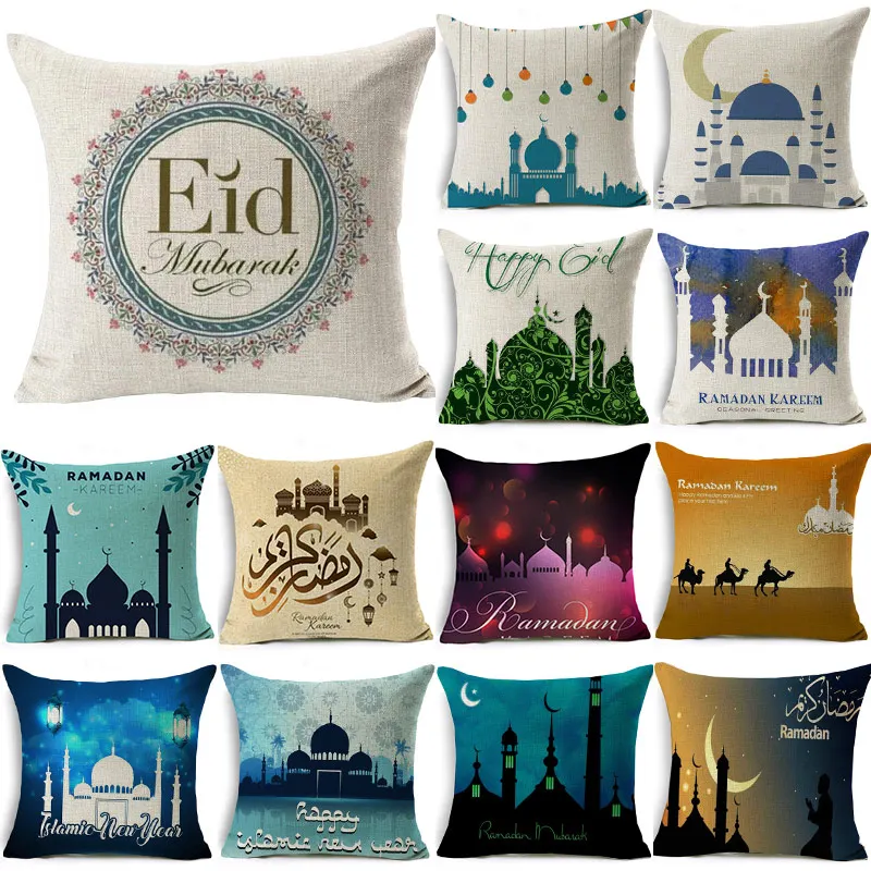 

Ramadan Kareem Decoration Blessed Eid Mubarak Moon Mosque Linen Cushion Cover Decorative Pillows sofa Living Room Cushion 40253