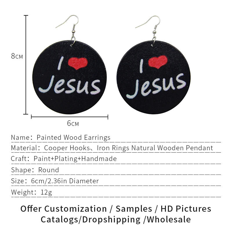 SOMESOOR Painted Christian African Women Wood Drop Earrings I Love Jesus God Afro Ethnic Jewelry For Girls Ladies’ Gifts 1pair