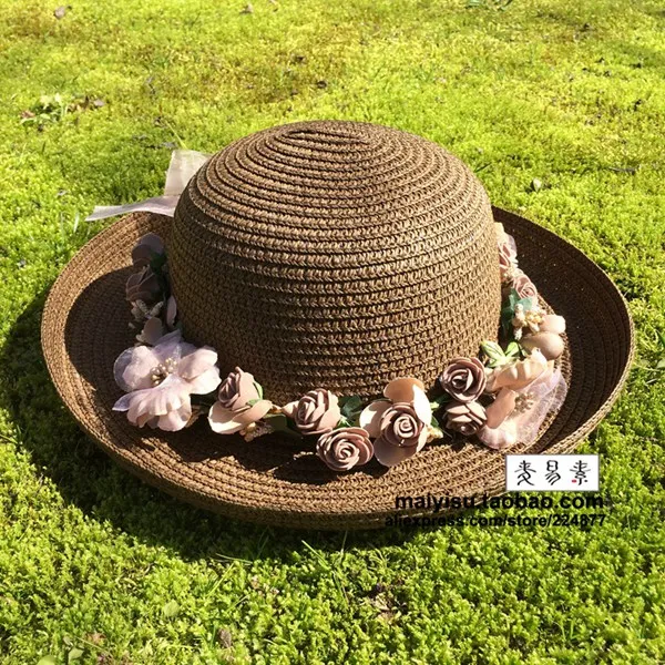Летняя женская гирлянда ручной работы в цветочек, соломенная шляпа-ведро, покатающаяся кромка, пляжная кепка Кепка Солнцезащитная для женщин - Цвет: dark brown