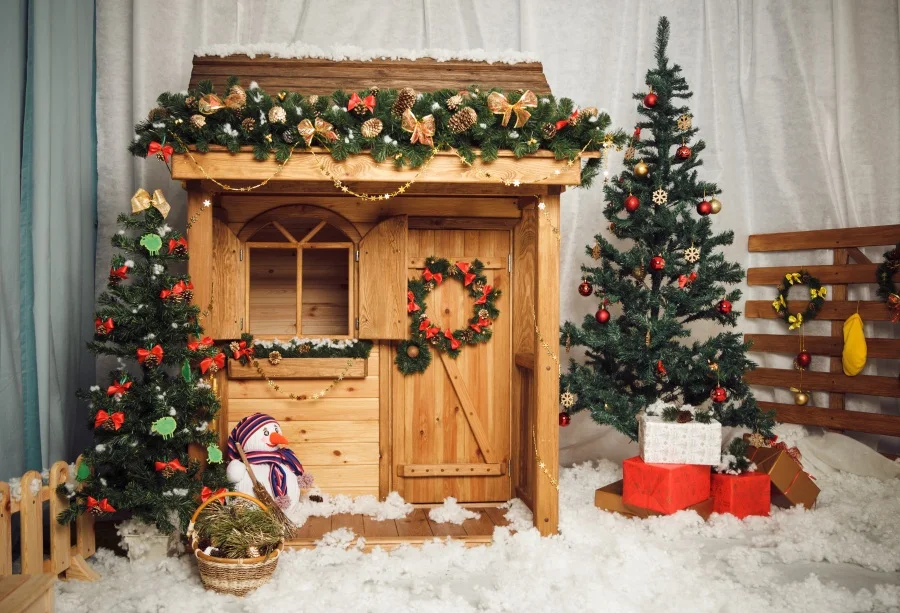 

Laeacco Wooden House Christmas Tree Snow Gift Baby Photography Background Customized Photographic Backdrop For Photo Studio