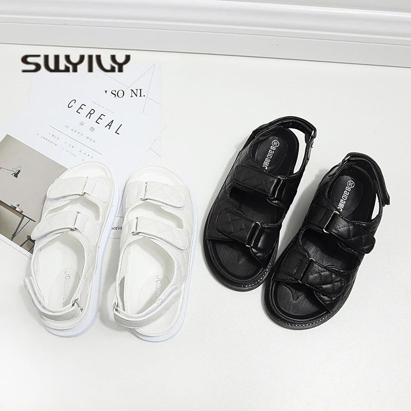 

SWYIVY Women's Sandals Summer Shoes Flats Woman 2019 New Hook Loop Black Shoe Ladies Beach Sandals Designer Gladiator Shoes