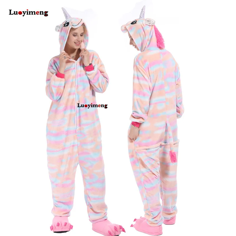 

Unicorn Pyjamas For Adults Kigurumi Onesie Anime Women Overalls Cartoon Animal Sleepwear Stitch Licorne Winter Hooded Nightwear