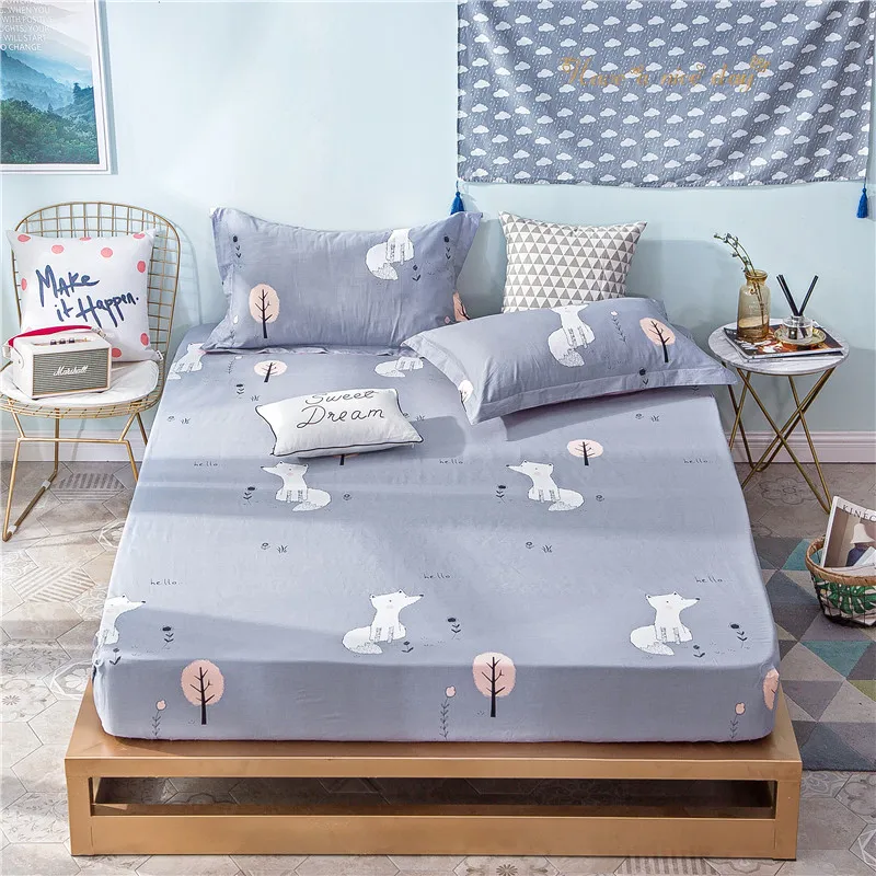 Cartoon Gray White Little Fox Pattern Polyester Fitted Sheet Bed Sheets Comfort Mattress Cover