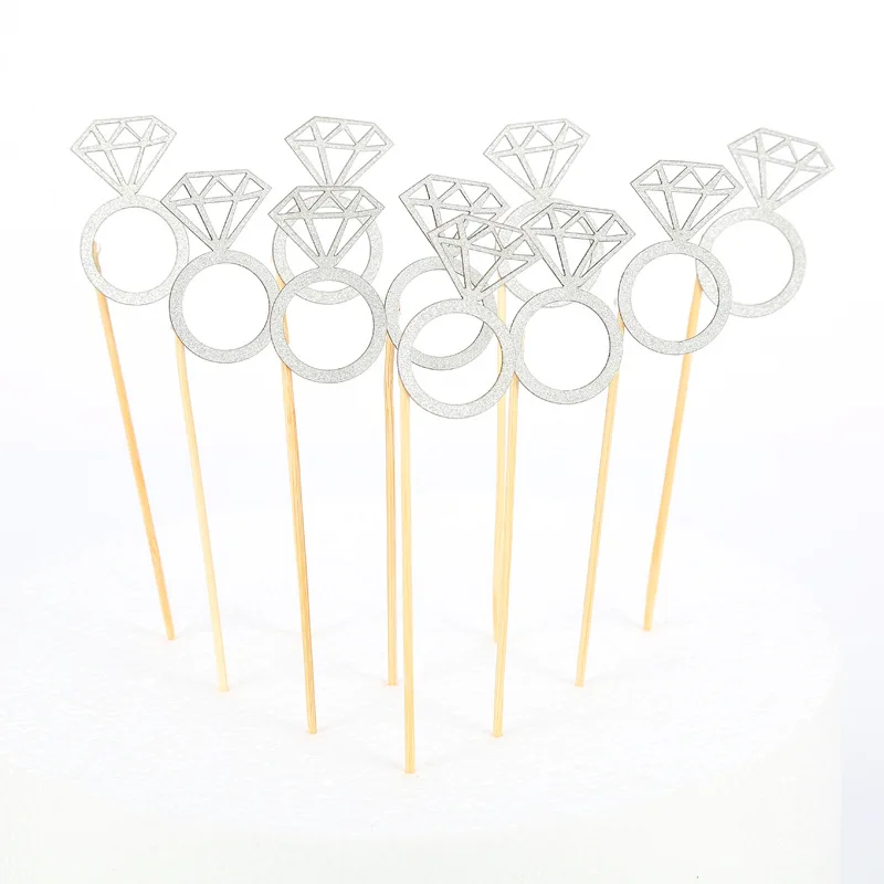 10Pcs/pack Gold Glitter Diamond Ring Cupcake Toppers Wedding Cake Topper Decor Wedding Ceremony Birthday Party Decor Supplies,Q