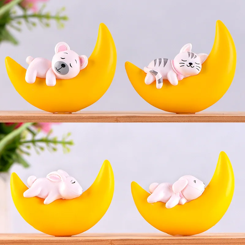 

4pcs/set Kawaii Animals On Moon Fairy Garden Miniatures Figurine Micro Landscape Crafts Ornaments Rabbit Cat Keychain Pendant