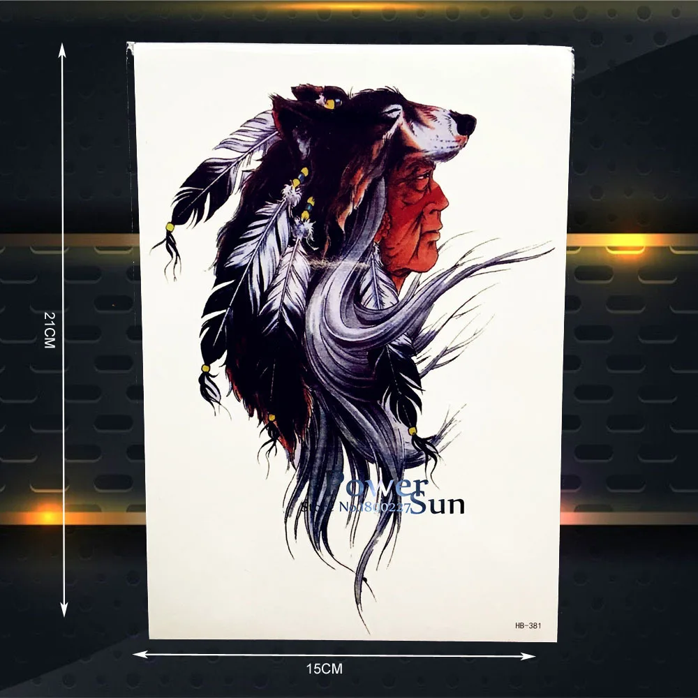 

Water Transfer Temporary Tattoo Indian Patriarch Design Men Armband Body Art Paint Tattoo Arm Sleeve 21x15CM Feather Wolf Henna