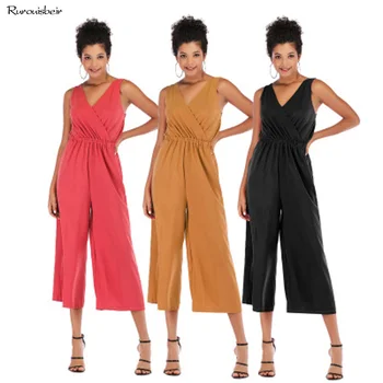 

2019 Women Summer Comfy Sexy Jumpsuit V neck Backless Rompers Fashion Chiffon Jumpsuit Loose Piece Long Pants Overalls for Women