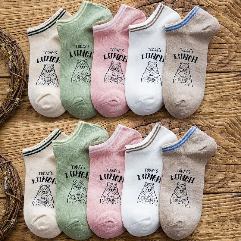 

1 Pairs Women Spring Sock Cartoon Bear Print Transparent Van Shoe Boat Socks 2019 Top Fashion Summer Cotton Hosiery