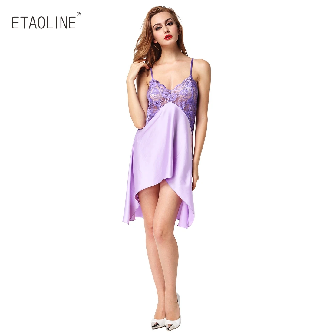 Etaoline Ladies Sexy Silk Satin Night Dress Sleeveless V Neck 