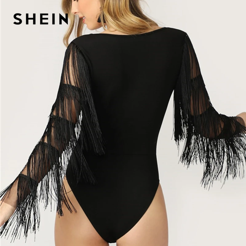 SHEIN الأسود الطبقات هامش شبكة كم سليم جاهزة عادي ارتداءها المرأة الصيف منتصف الخصر نحيل الصلبة ديب V الرقبة داخلية