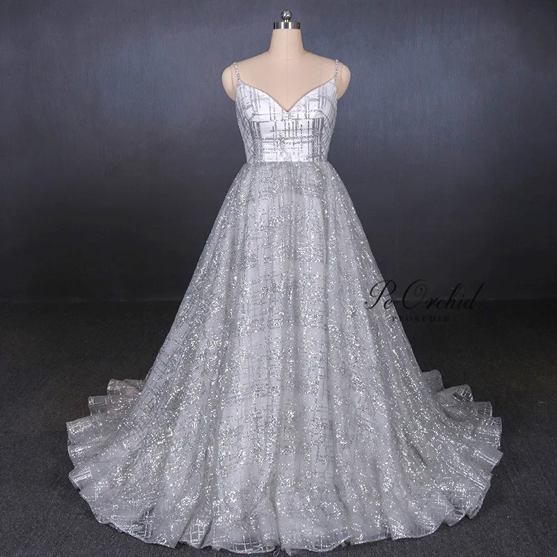 

PEORCHID 2019 Shiny Silver Sequin Evening Dress Woman Elegant A Line V Neck Sexy Engagement Dress Women Formal Prom Gowns